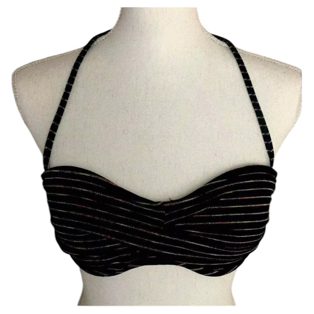 Body Glove Striped Bikini Top Women Halter Neck Black Swimwear Small Glidder Y2K